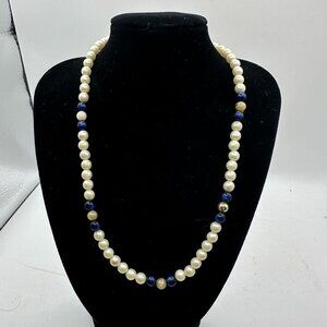Vintage Faux Pearl & Faux Lapis Lazuli Bead Necklace With Metal Clasp